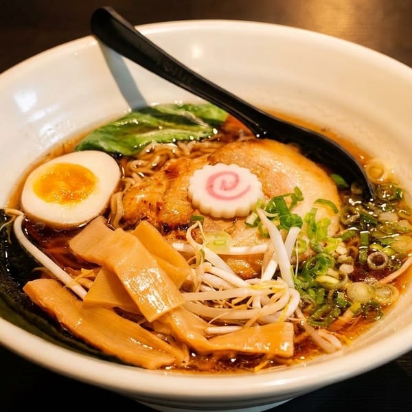 A bowl of ramen with pork, egg, seaweed, bamboo shoots, scallions, and a pink swirl.