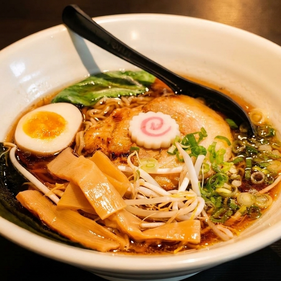 A bowl of ramen with pork, egg, seaweed, bamboo shoots, scallions, and a pink swirl.