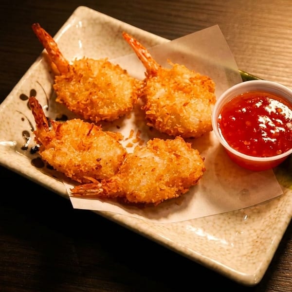 Four crispy coconut shrimp with tails on, served with a side of red sweet chili dipping sauce.