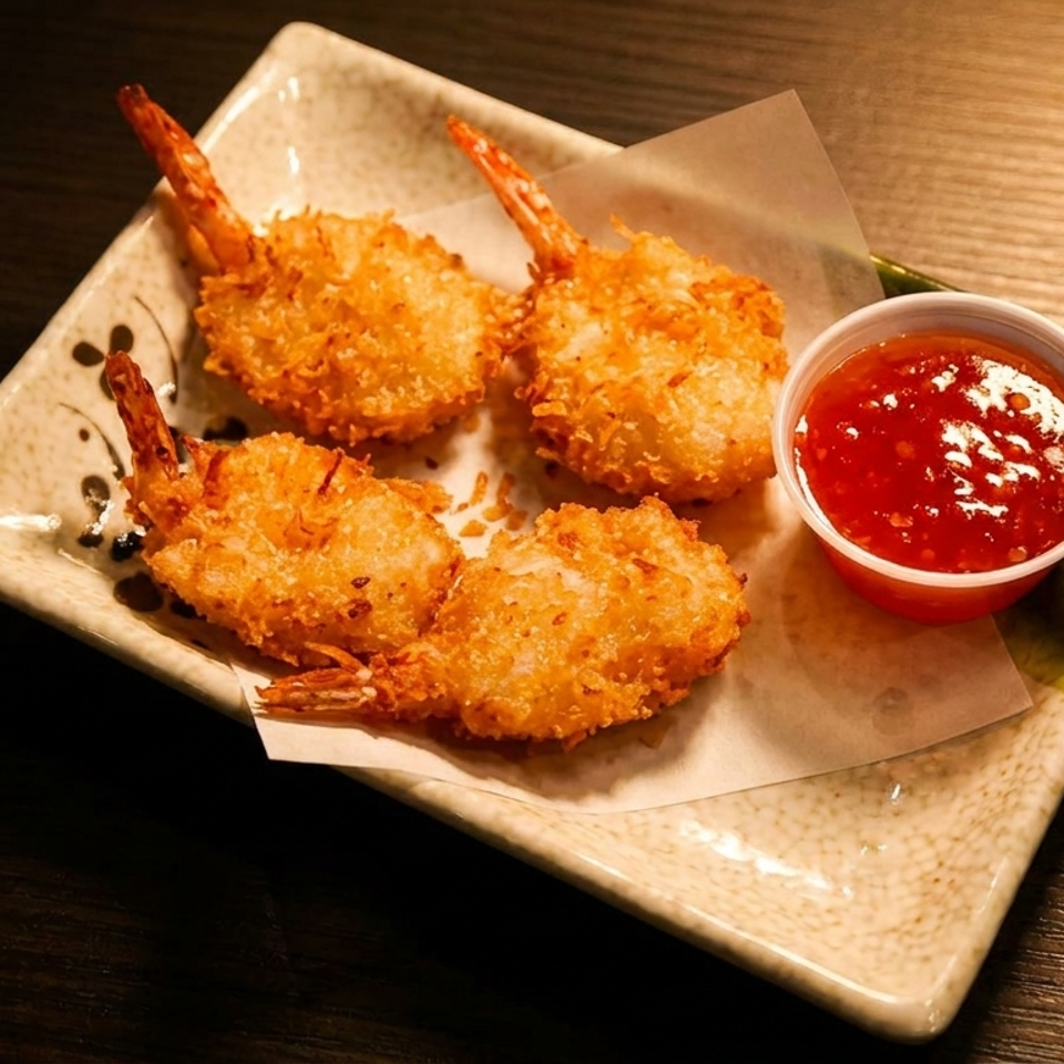 Four crispy coconut shrimp with tails on, served with a side of red sweet chili dipping sauce.