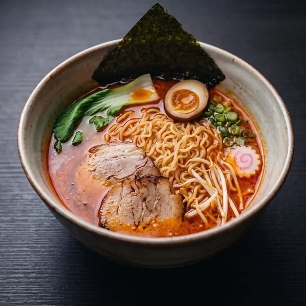 A bowl of ramen with pork, egg, bok choy, bean sprouts, scallions, and nori.