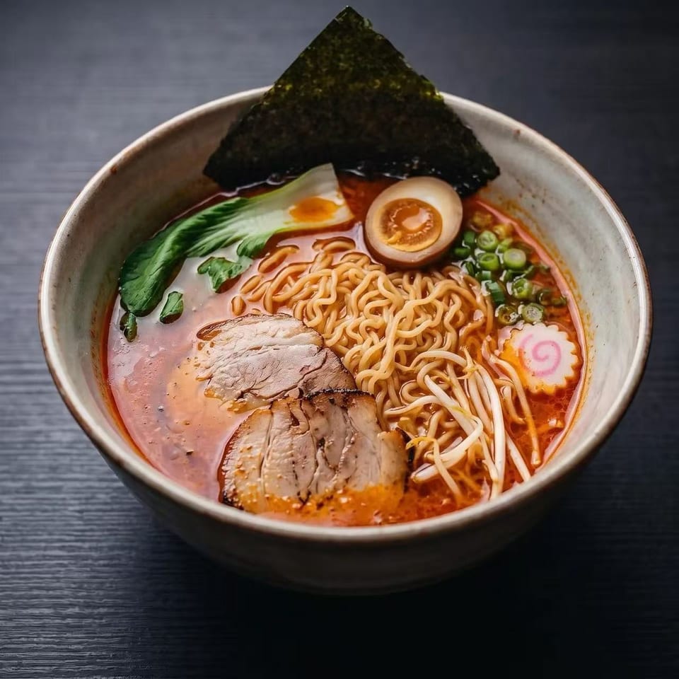 A bowl of ramen with pork, egg, bok choy, bean sprouts, scallions, and nori.