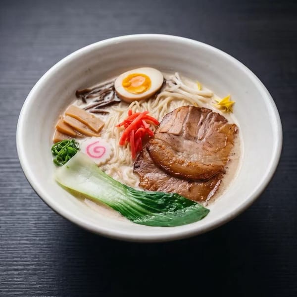 A white bowl of ramen with pork, egg, bok choy, bamboo shoots, and red ginger on a dark table.