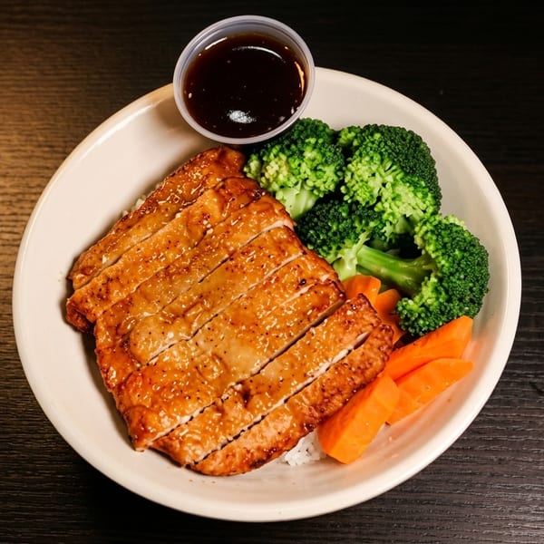 Sliced grilled chicken with broccoli, carrots, and a side of sauce in a white bowl.