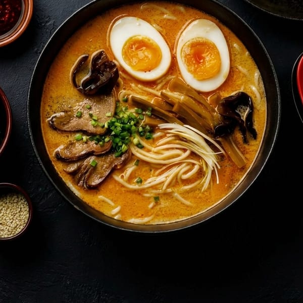 A bowl of ramen with pork, soft-boiled eggs, noodles, and green onions, with side dishes.