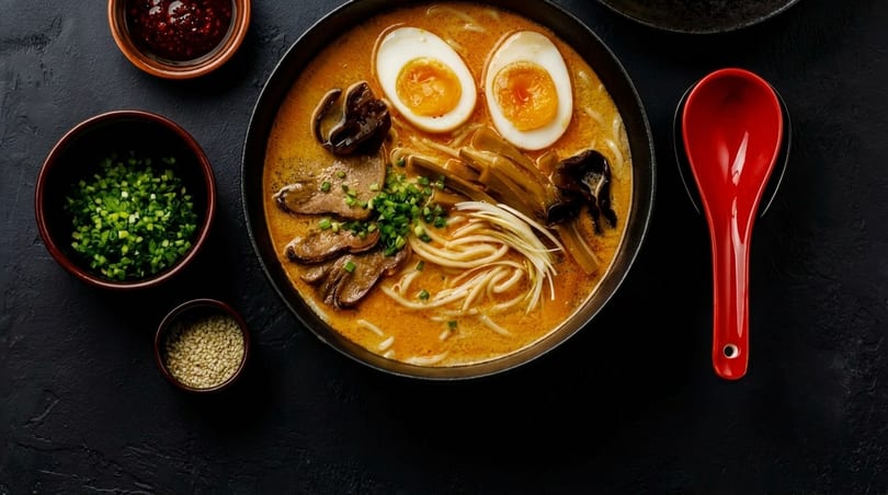 A bowl of ramen with pork, soft-boiled eggs, noodles, and green onions, with side dishes.