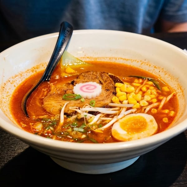 Spicy ramen with pork, corn, egg, and fish cake in a white bowl on a dark table.