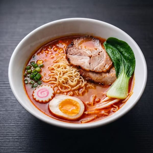 A vibrant bowl of ramen with pork, egg, bok choy, scallions, and narutomaki in a rich broth.